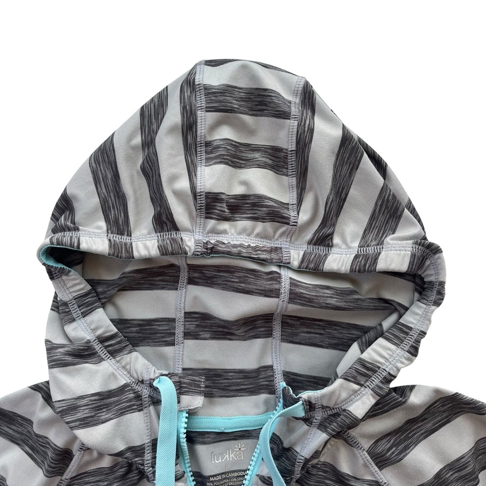 Lukka Women's L Grey Turquoise Striped Full Zip Thumbholes Active Hoodie Sporty - Picture 5 of 16